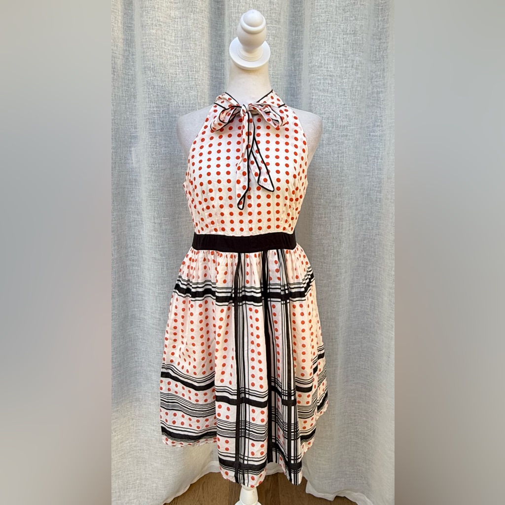 Maeve For Anthropologie Orange Black Polka Dots Sleeveless Dress Neck Tie